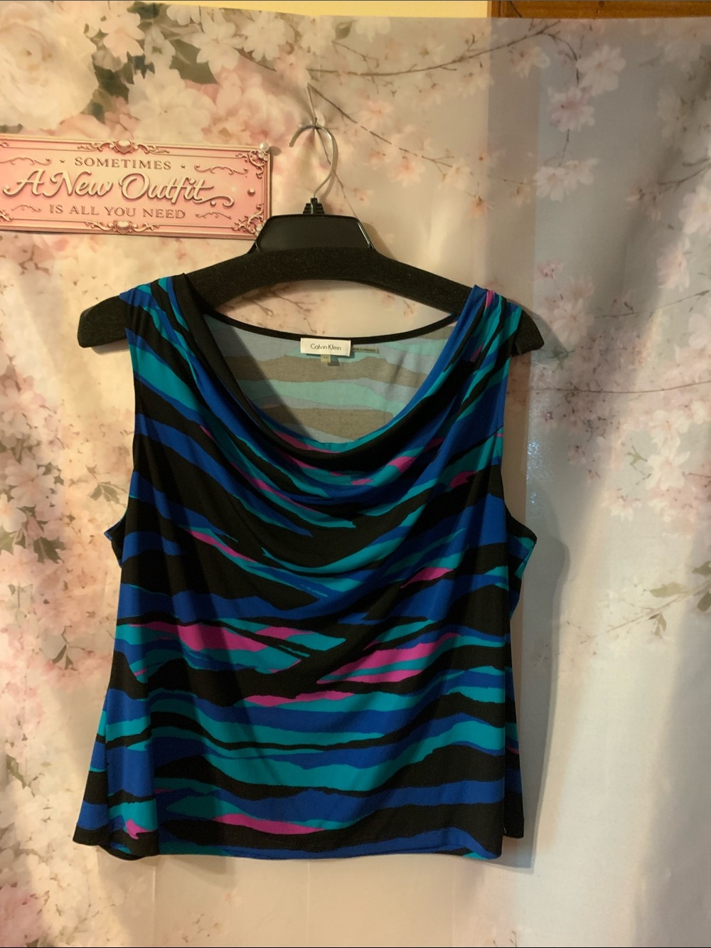 Calvin Klein Blue, Black & Pink Striped Cowl Neck Tank